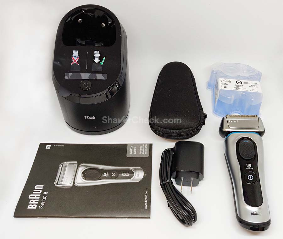 The accessories included with the Braun Series 8 8370cc.