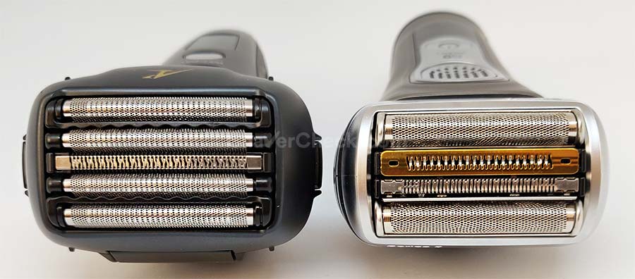 The Panasonic Arc 5 (left) and Braun Series 9 (right), two shavers with 5 and 4 blades, respectively.