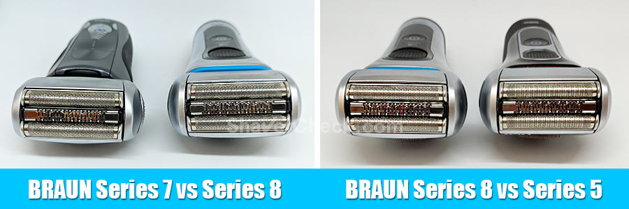 The shaving heads of various Braun models, including the Series 8 8370cc.
