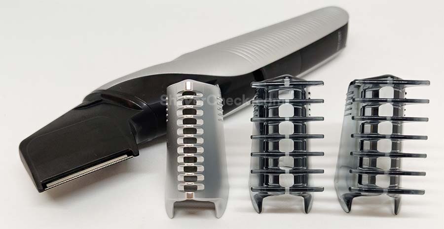 The Skinguard (groin attachment) and the 3mm and 6mm combs, respectively.