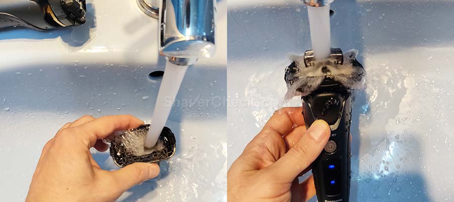 Rinsing the foils and inner blades of a Panasonic electric razor.