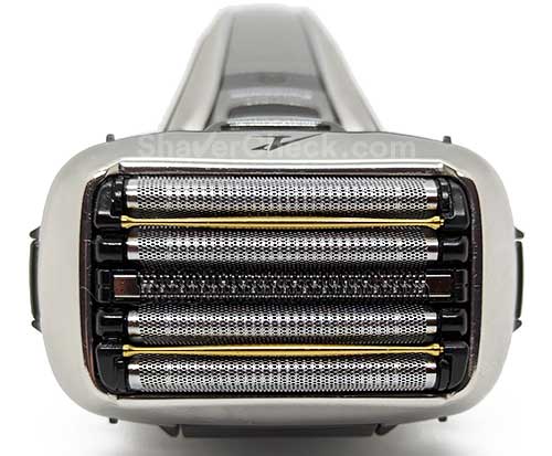 The shaving head of the third generation Arc 5 (ES-LV9Q) with the two golden comfort rollers.