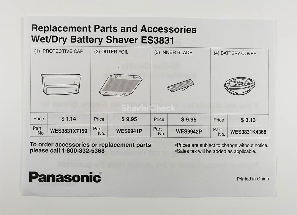 Panasonic ES3831K replacement parts leaflet
