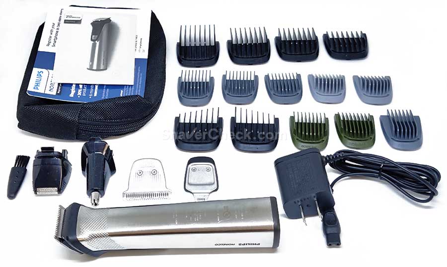 The accessories included with the Philips Multigroom 7000 MG7750/49.
