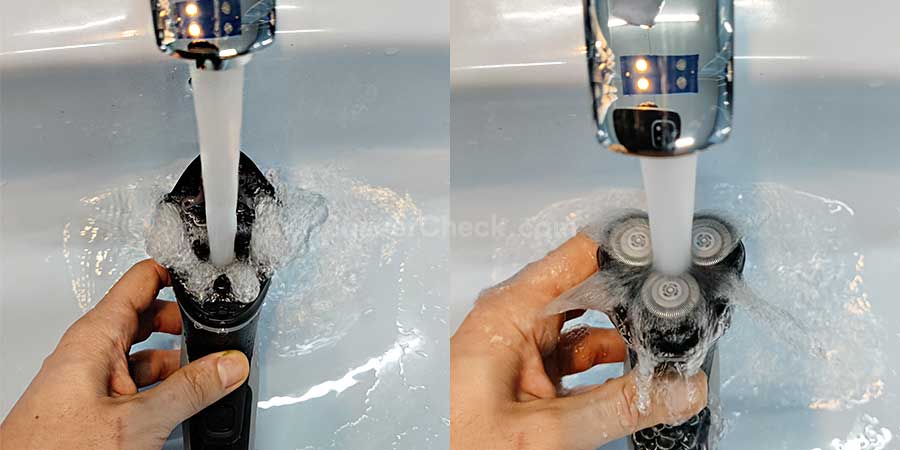 Rinsing the shaver with tap water.