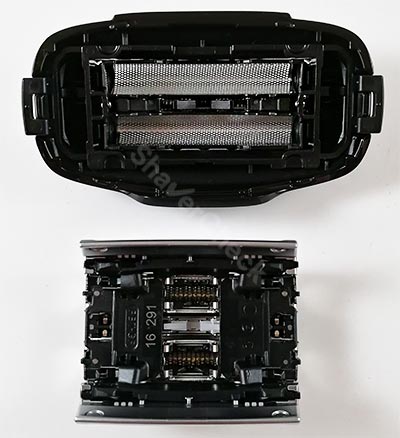 Panasonic ES-LT3N-K foil block (top) vs Braun Series 5 cassette. The Panasonic offers easier access for a thorough cleaning.
