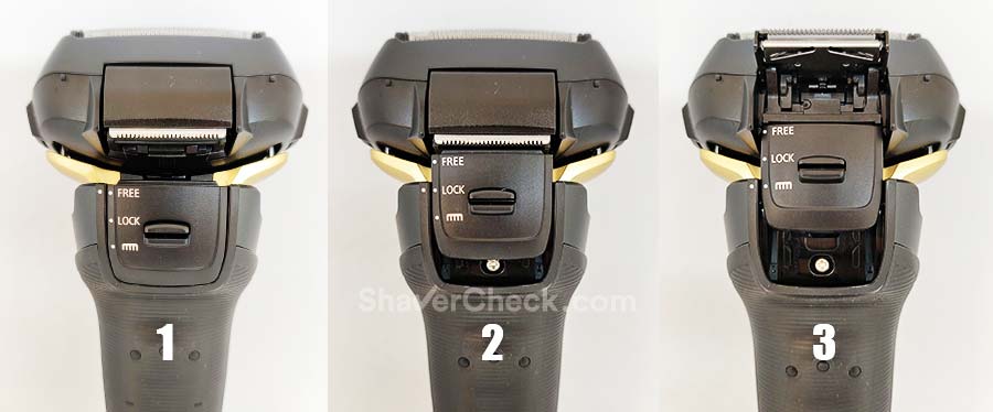 The locking switch on the Panasonic Arc5 ES-LV67. It also doubles as a deployment for the hair trimmer.