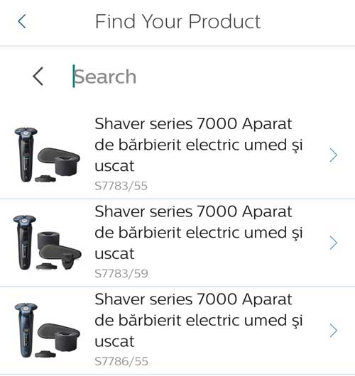 The available Series 7000 models in the Philips GroomTribe app.