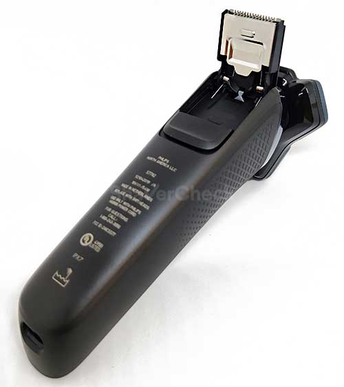 Backside view of the Norelco Shaver 7700 with the hair trimmer extended.