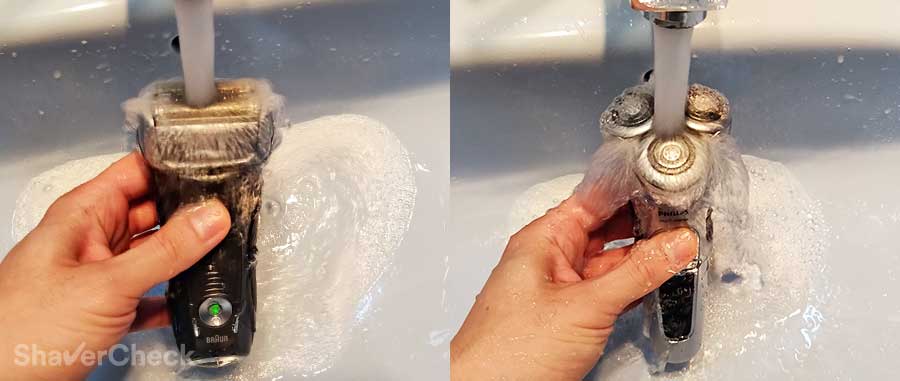 Cleaning an electric shaver with water.