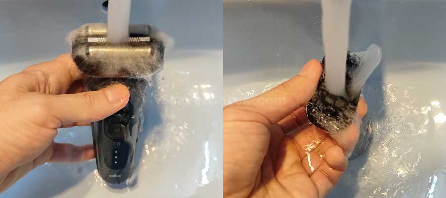 Rinsing the shaver with water.