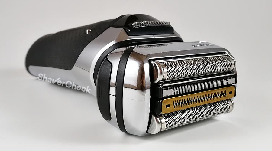 The shaving head of the Braun Series 9 with the updated, Titanium coated trimmer.