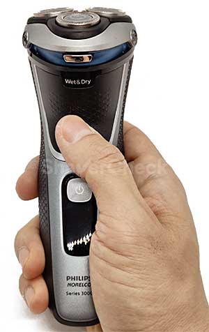 The Shaver 3800 held in hand.