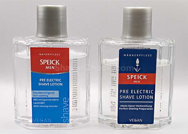Speick pre-shave lotion old and new packaging.