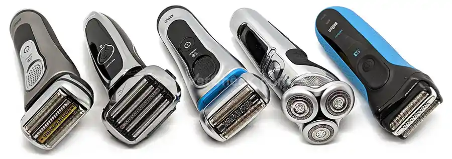 A few 3, 4 and 5-blade foil shavers alongside a typical 3-blade rotary.