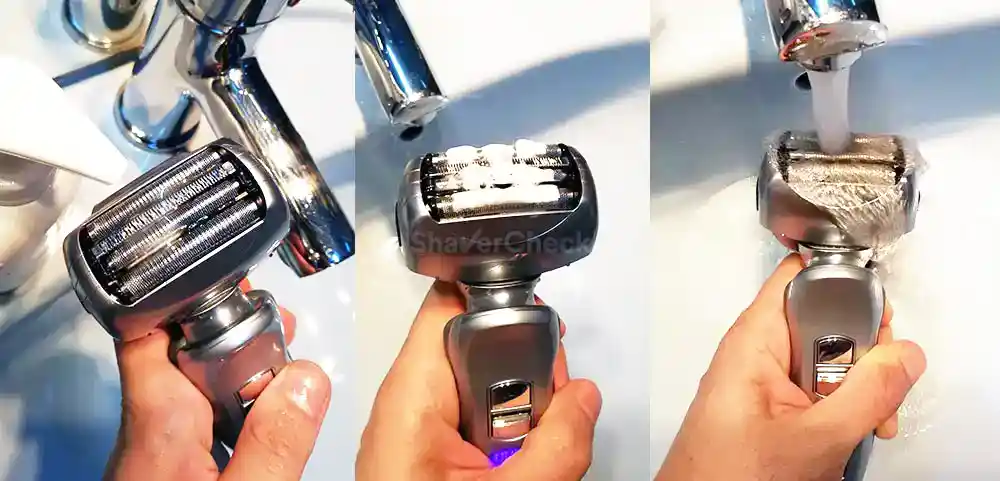 Cleaning a Panasonic shaver with water and soap.