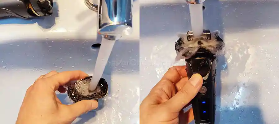 Cleaning a Panasonic shaver with water.
