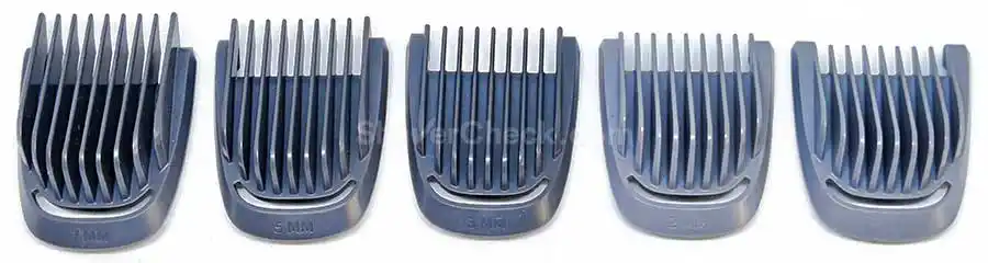 The 5 grey beard guards included with the Philips Multigroom 7000.