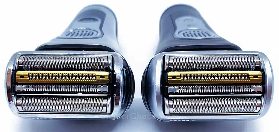 The shaving heads of a 92xx and 93xx Series 9 shavers with the updated 92s and 92M cassettes.